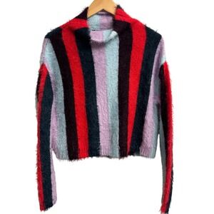 BLANK NYC Womens Sweater XS‎ Striped Mock Neck Fuzzy Colorful Stripes Pullover